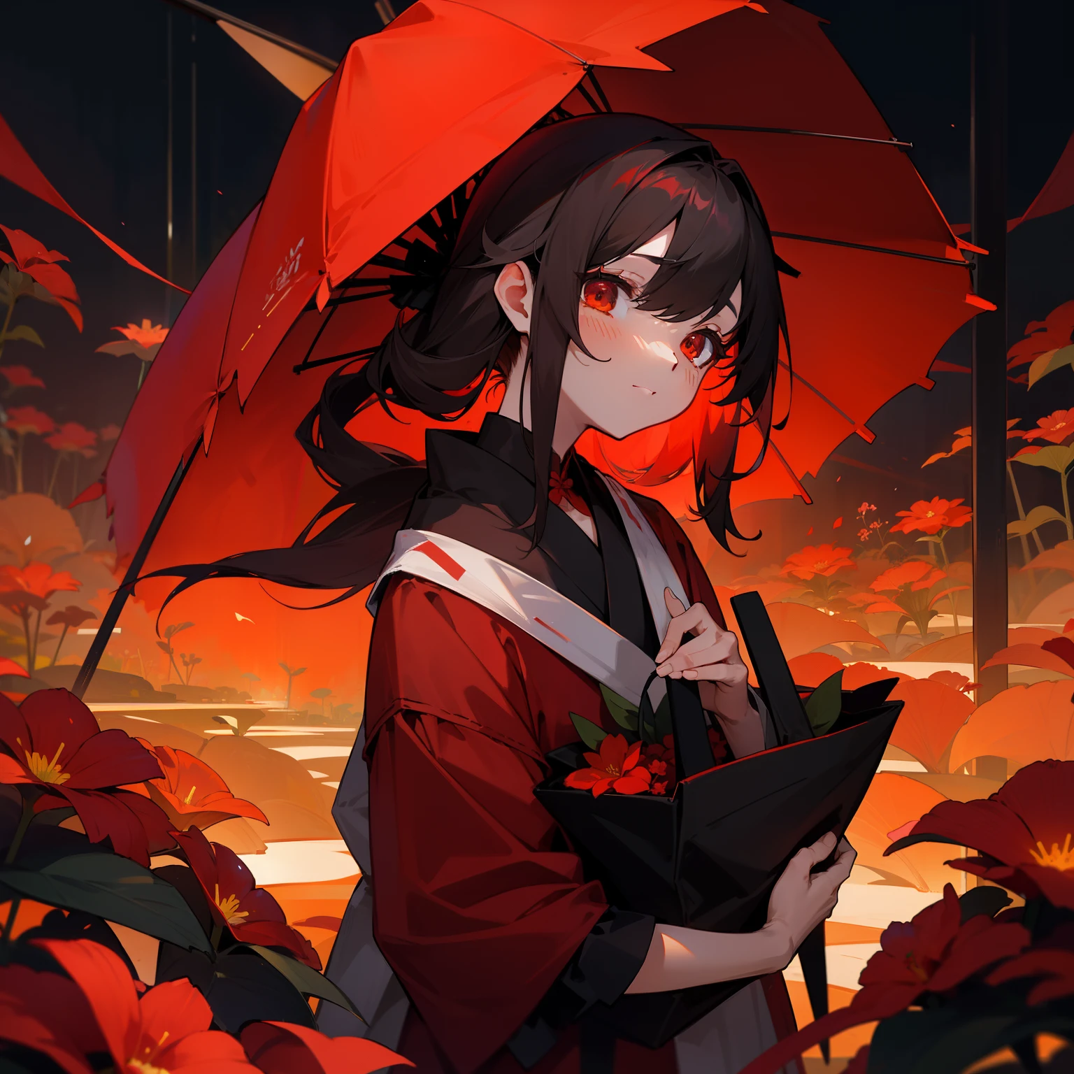 Anime girl with red umbrella in a field of poins - SeaArt AI