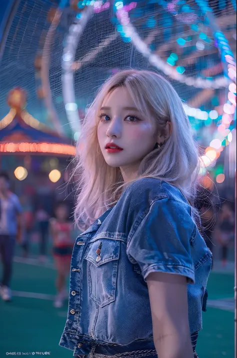 1girl in, Super beautiful girl, Dream Girl, Wearing blue, ulzzangs, Dancing, Concert in amusement park in the background, Lightn...