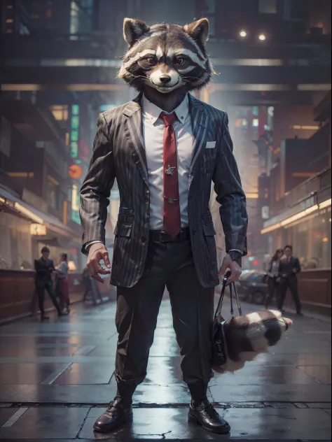 (((fullbody image、Standing posture)))、(Full body raccoon standing upright in luxury business suit、Humanoid raccoon、Cool anthropomorphic raccoon with long legs)、​masterpiece, top-quality, in 8K , intricate detailes, ultra-detailliert , light Particle、32K Di...