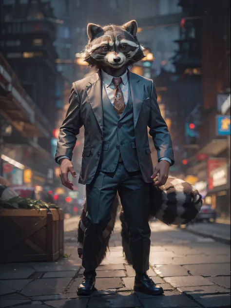 (((fullbody image、Standing posture)))、(Full body raccoon standing upright in luxury business suit、Humanoid raccoon、Cool anthropomorphic raccoon with long legs)、​masterpiece, top-quality, in 8K , intricate detailes, ultra-detailliert , light Particle、32K Di...