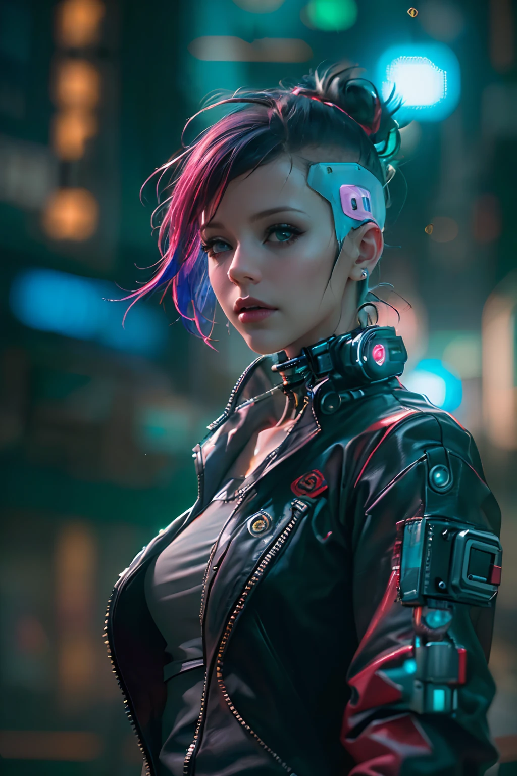 (fotorrealista:1.4) imagem de uma garota cyber punk, (qualidade máxima, 8K, 32K, Obra de arte), (pose dinâmica), ((câmera de frente)), (olhando para a câmera), tiro de vaqueiro, cabelo sem forma, cabelo colorido, roupas cyberpunk coloridas, profundidade de campo f/1.8, fundo da cidade cyberpunk, iluminação cinematográfica.