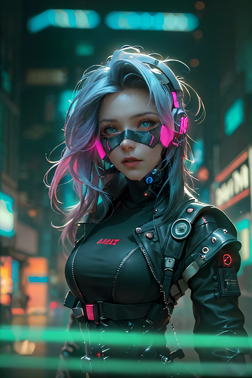 (Fotorrealista:1.4) imagen de una chica cyber punk, (de primera calidad, 8k, 32k, Obra maestra), (pose dinámica), ((frente a la cámara)), (mirando a la cámara), tiro de vaquero, cabello sin forma, cabello colorido, ropa colorida cyberpunk, profundidad de campo f/1.8, fondo de la ciudad ciberpunk, iluminación cinematográfica.