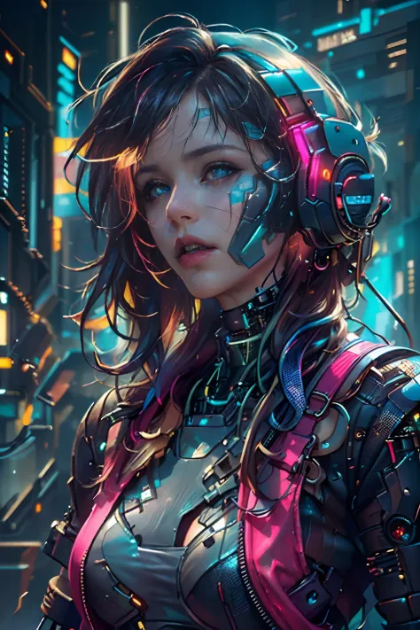 (Photorealistic:1.4) image of a cyber punk girl, (top-quality, 8K, 32K, masterpiece), (dynamic pose), ((facing camera)), (lookin...