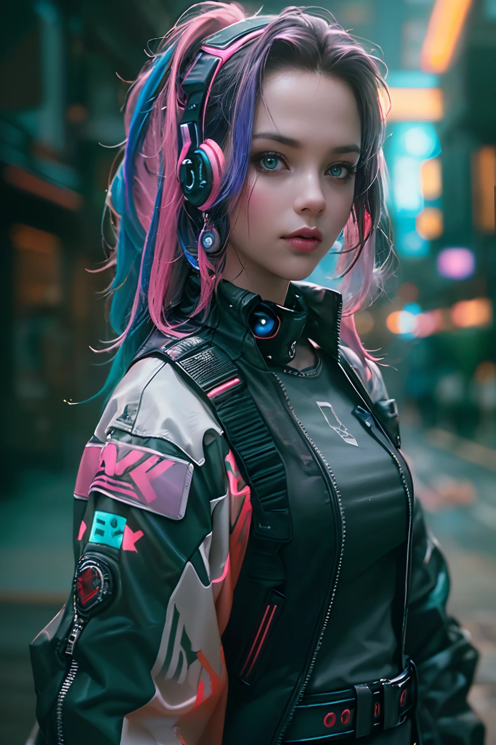 (Photorealistic:1.4) image of a cyber punk girl, (top-quality, 8K, 32K, masterpiece), (dynamic pose), ((facing camera)), (looking at camera), cowboy shot, shapeless hair, colorful hair, colorful cyberpunk clothing, depth of field f/1.8, cyberpunk city background, cinematic lighting.