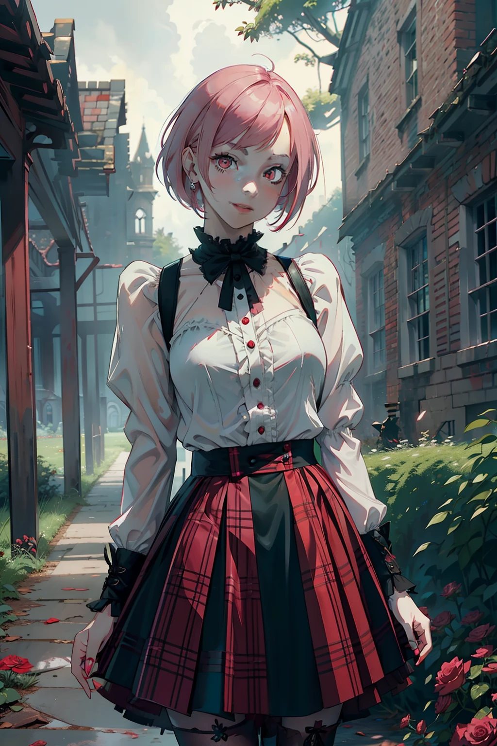 girl, pink hair, bob haircut, Gothic Lolita, Gothic style, red plaid skirt, red eyes, Face of Beauty, pale skin, smiling, in a ruined mansion, red roses in a garden in the background, dark cloudy weather, rain light, dark green filter, intense filter, secret garden tekken 5,