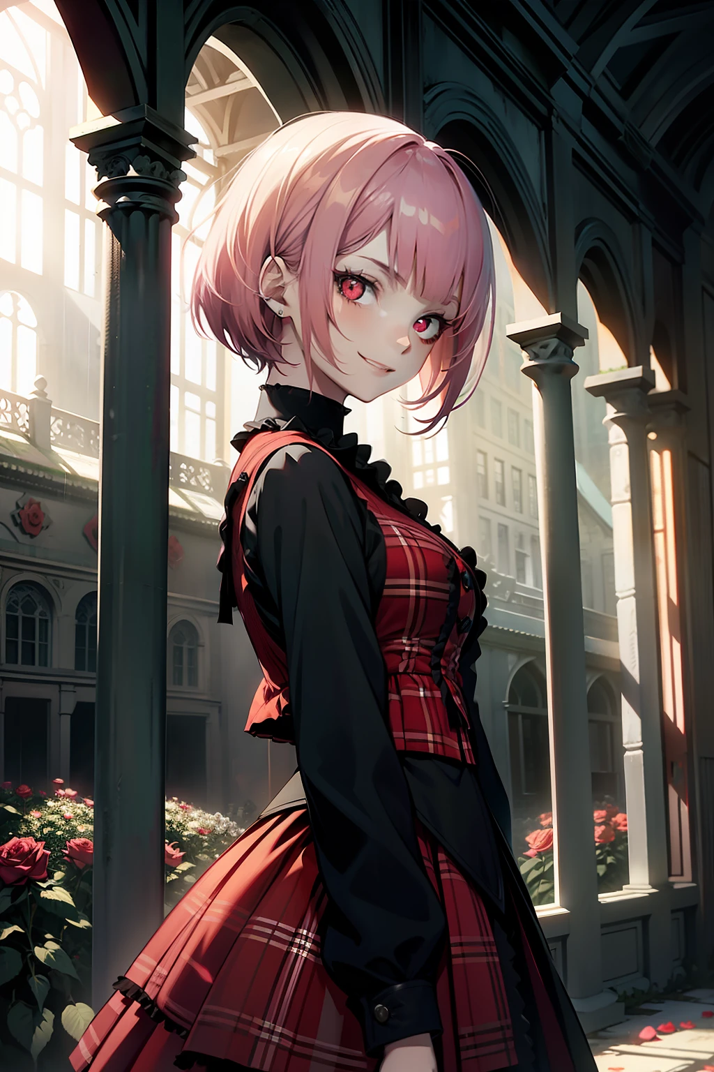 girl, pink hair, bob haircut, Gothic Lolita, Gothic style, red plaid skirt, red eyes, Face of Beauty, pale skin, smiling, in a ruined mansion, red roses in a garden in the background, dark cloudy weather, rain light, dark green filter, intense filter, secret garden tekken 5,