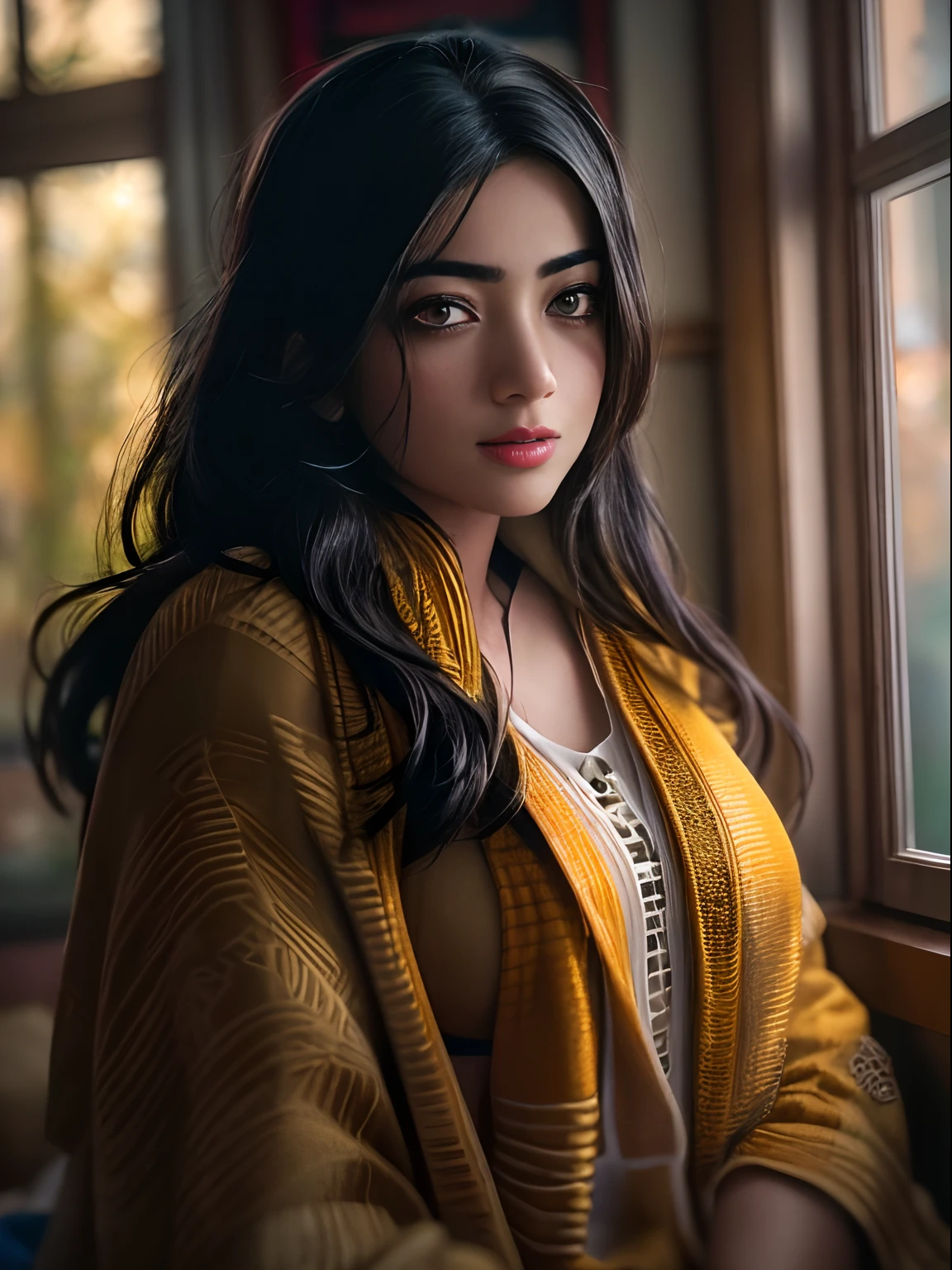 {{{Rashmika}}}. (masterpiece) .(best quality, photo-realistic, masterpiece:1.3), a close-up shot of a (teenage girl:1.2) with (long disheveled black hair:1.2), her (yellow eyes:1.3) radiating a captivating glow, (perfectly symmetrical face:1.3) with subtle and flawless makeup, wearing a loose-fitting red coat, (emphasis on her enchanting eyes:1.3), as she leans against the window in her room, gazing outward, her expression a gentle and cheerful one, a glimpse into the warmth and joy she holds within, Cinematic, Hyper-detailed, insane details, beautifully color graded, Super-Resolution, Megapixel, Cinematic Lightning, Post Processing, Post Production, Tone Mapping Insanely detailed and intricate, Hyper maximalist, Volumetric, Photorealistic, ultra photoreal, ultra-detailed, intricate details, 8K, Super detailed, Full color, Volumetric lightning, HDR, Sharp focus, Camera Model: Canon EOS R6, Lens: Canon RF 50mm f/1.2L USM
