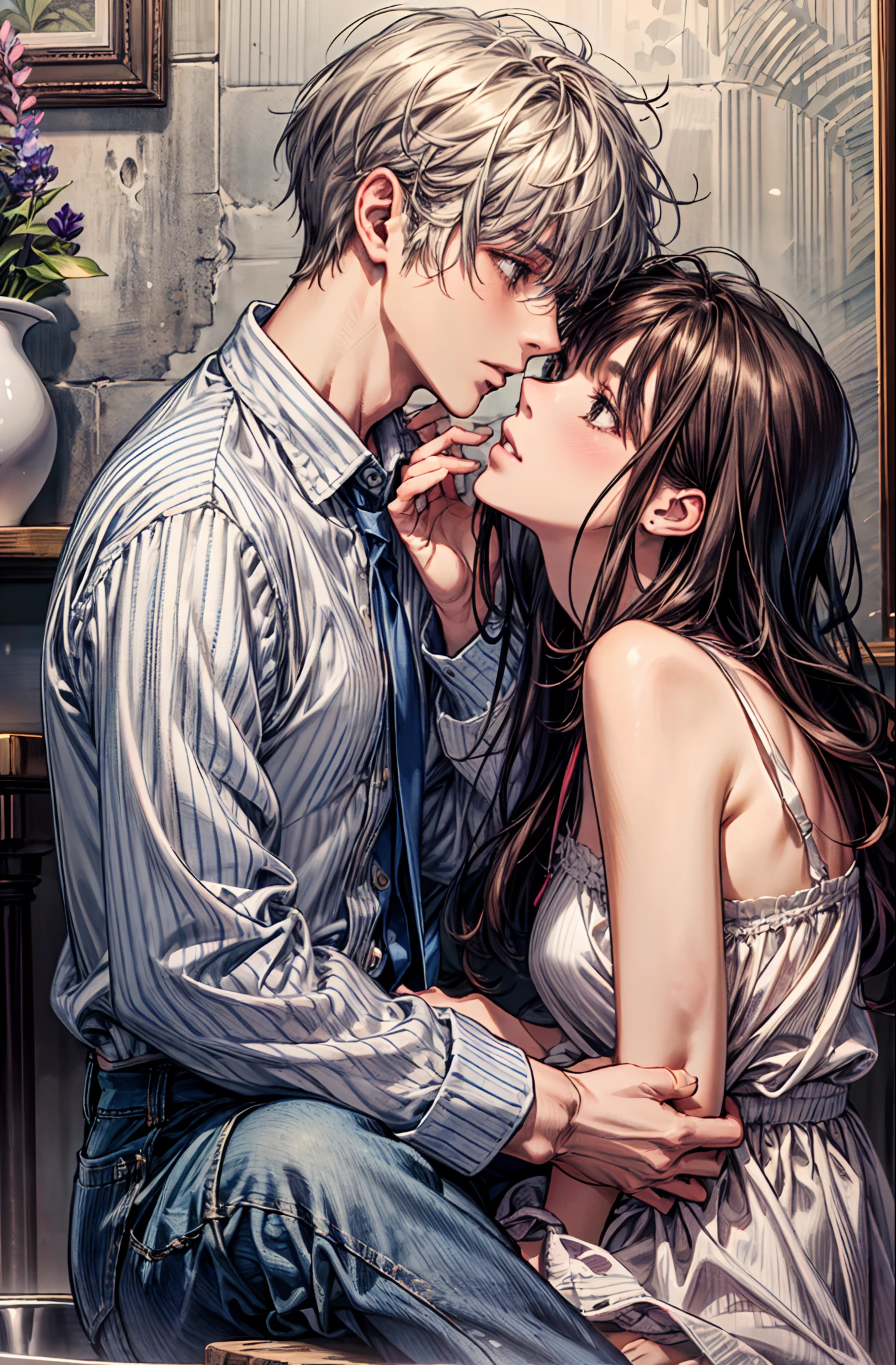 Anime couple kissing in front of a mirror with a vase of flowers - SeaArt AI