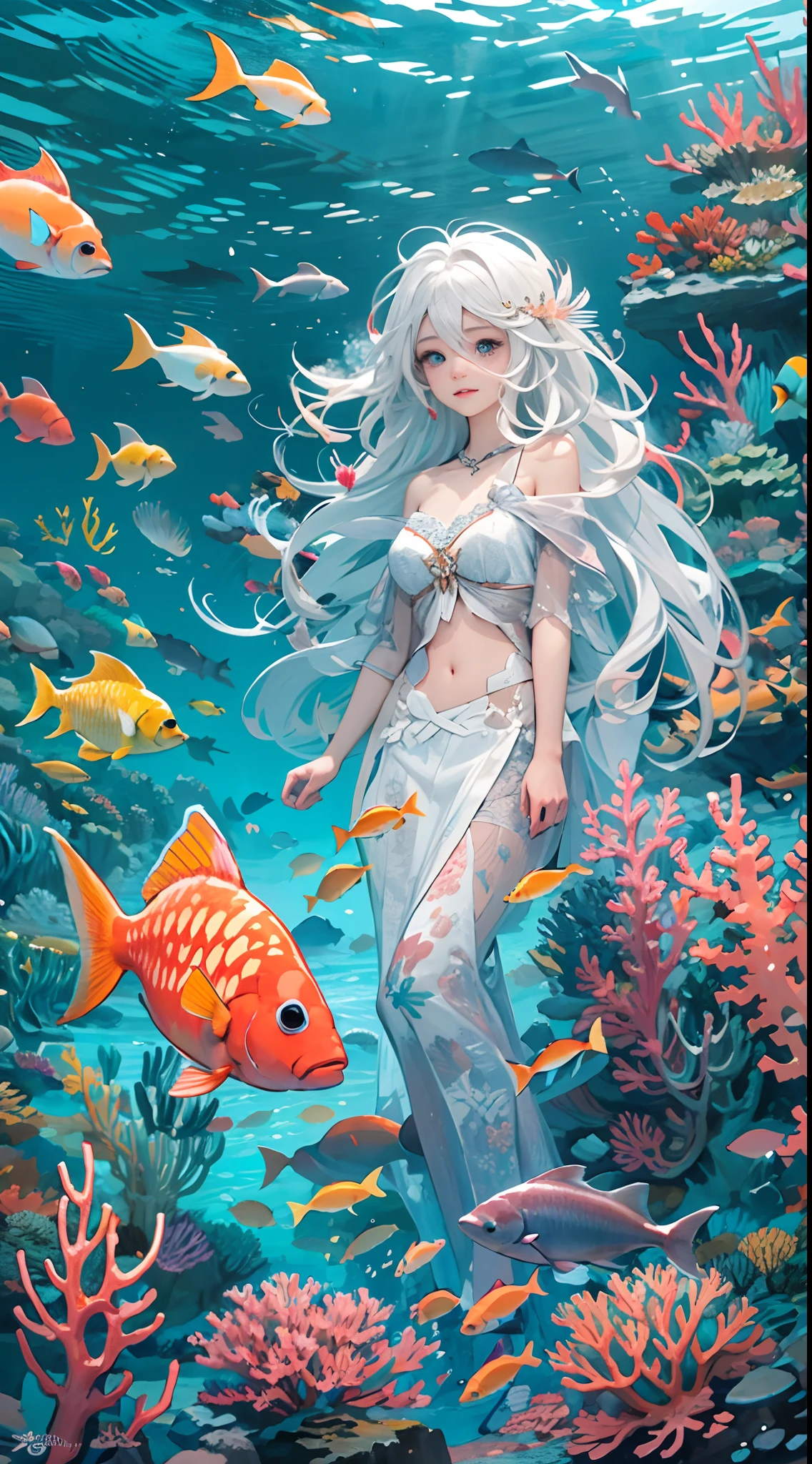 Conceptual art of marine life, Undersea landscape, Marine life，Beautiful coral reefs come in different shapes，3D，Fish, Female animated fantasy illustration. Long white hair scattered in the sea, Drift, Very harmonious. The whole painting adopts a messy and imaginative painting style. The colors are bright and saturated, line sleek. The mystery and beauty of the ocean, The painting depicts an underwater world full of life and vitality, Animated art wallpapers，8 k