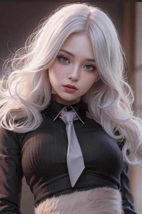 Photorealistic, high resolution, 1 Women, Solo, Hips up, Beautiful eyes, White hair, ringed eyes, Collared shirt,black necktie,B...