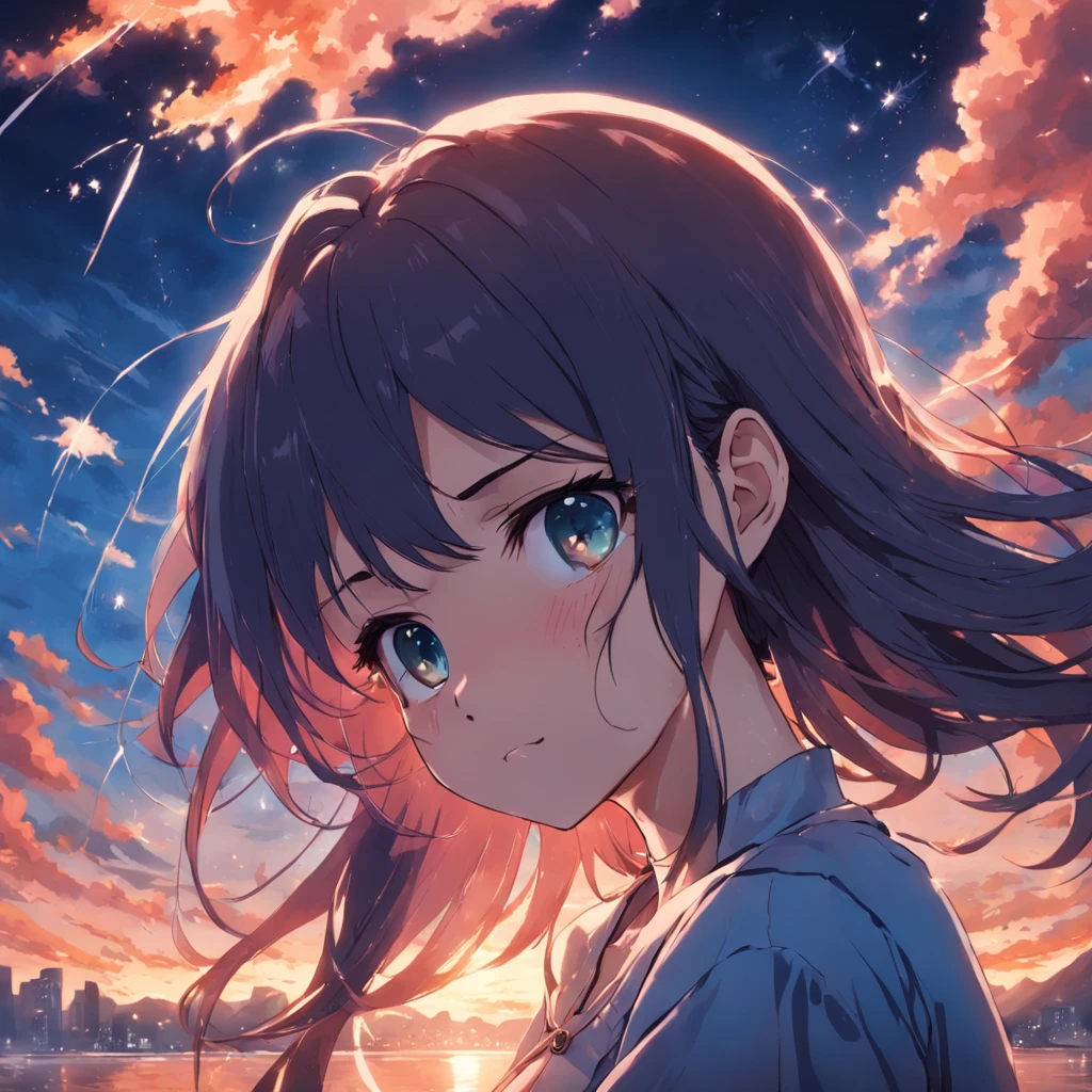 Masterpiece artwork, best qualityer, アニメ, mulher Grieving, floating into the sky, Ablaze,Grieving, Soft lighting and Warm, sun sunset, (Sparks: 0,7), adult  woman,