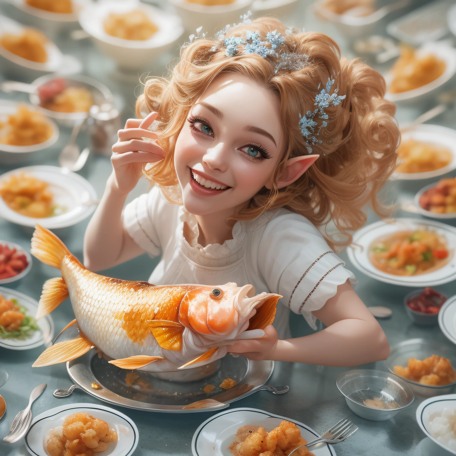 fried carp in a pan, beautiful elf woman eating, white dress, sarcastic  smile, by john wilhelm - SeaArt AI