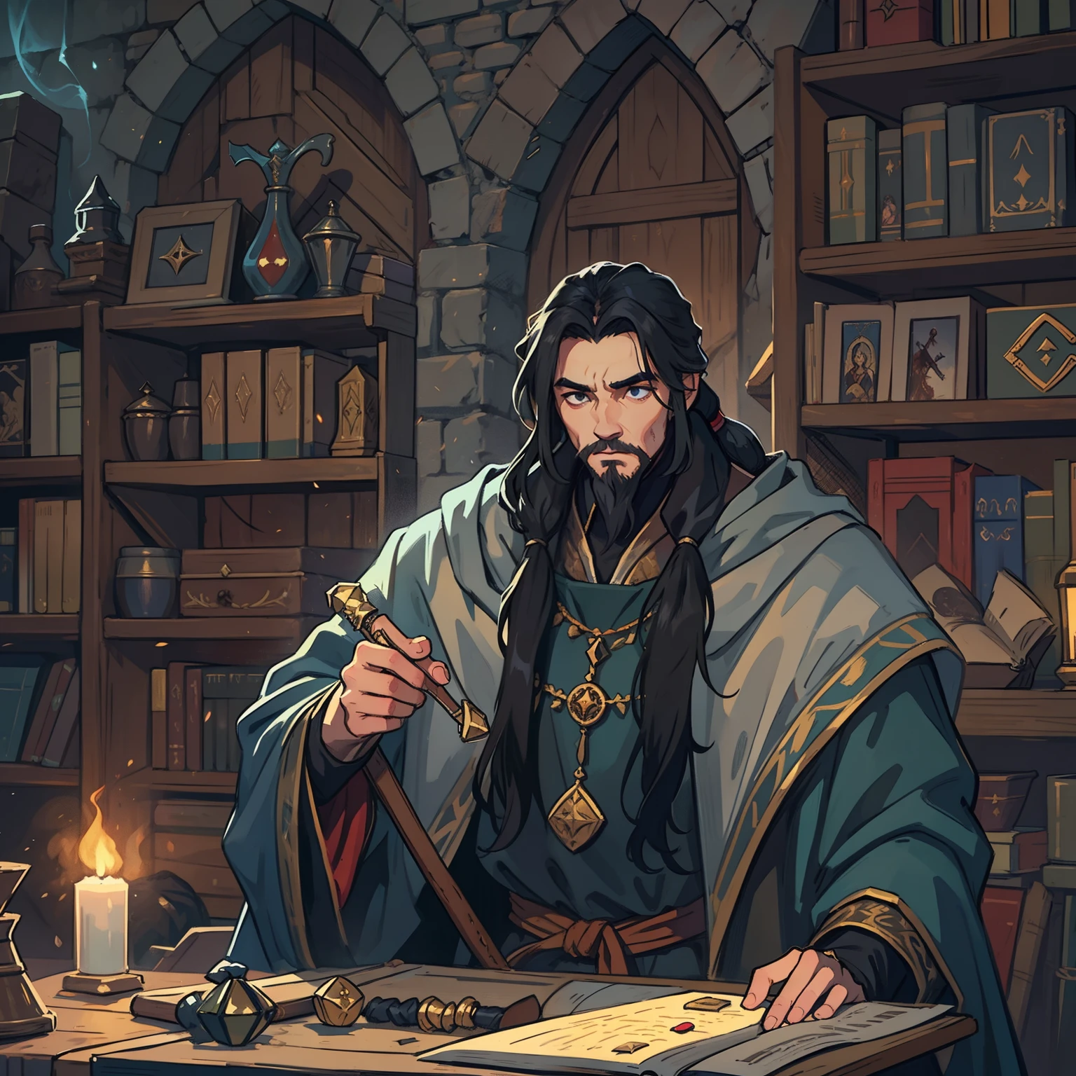 長い黒髪のポニーテールの男性。彼は中世の魔術師のローブを着た魔術師です。RPG の魔法使い。中世の RPG のイラスト。RPG 中世のアート。中世の RPG の dnd のイラスト。
