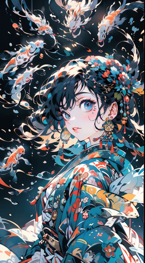 action  shot, The girls in Hanfu swim surrounded by flocks of koi , Spiral mode, Underwater perspective, Look up at the sky under the sea, HD authentic Van Gogh sky,Capture a captivating depiction of Vincent van Gogh's iconic starry night,vibrant, Blue and...