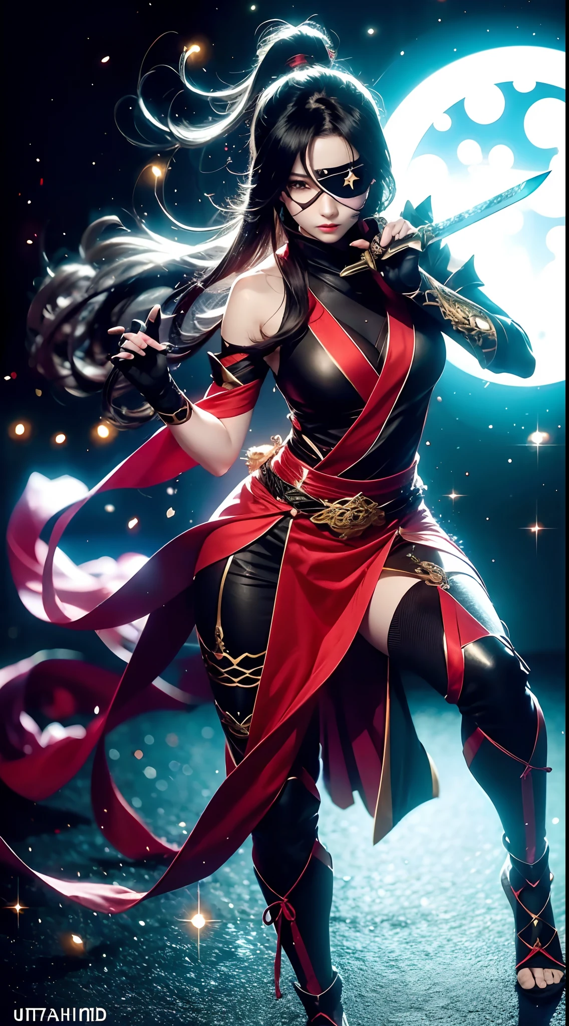 Weiblicher Ninja，Goldene Augenklappe，rote Farbe Hanfu，Draht-Winkelschutzhülle，Tanz mit dem glitzernden Schwert，Sprungstatus，Ultra HD-Foto。