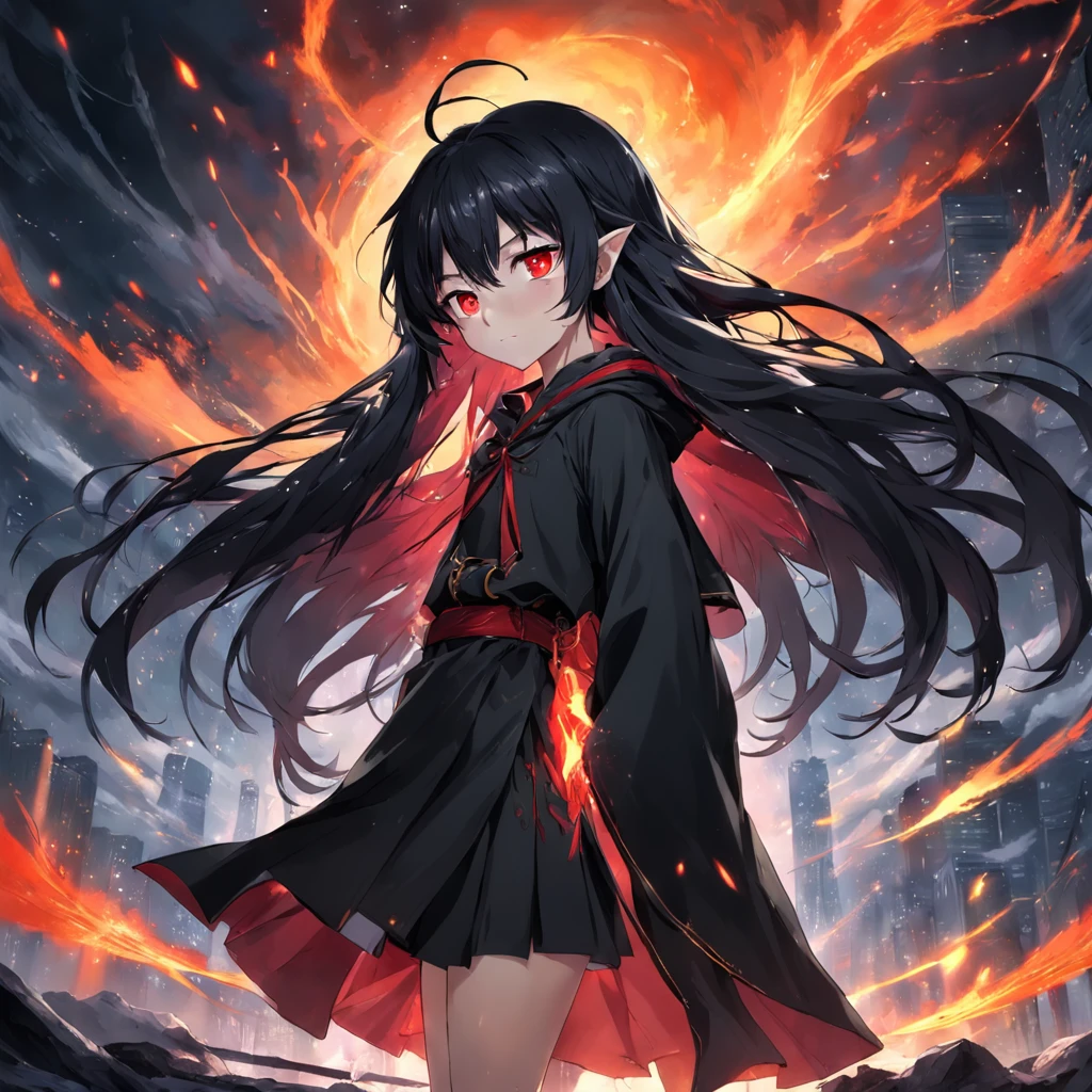 A girl with long black hair and red eyes standing in front of a fire -  SeaArt AI