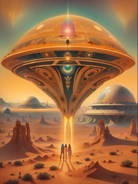 alien ship abducting a extraterrestrial in the desert, in the style of psychedelic illustration, juxtaposed imagery, dreamy collages, occultism inspired, light orange and gold, mesmerizing optical illusions, richly colored skies