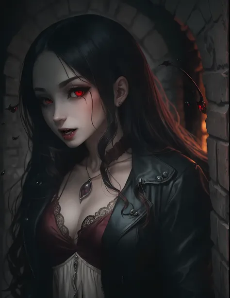 Mysterious female vampire with big boobs, dark cloudy misty forest - SeaArt  AI