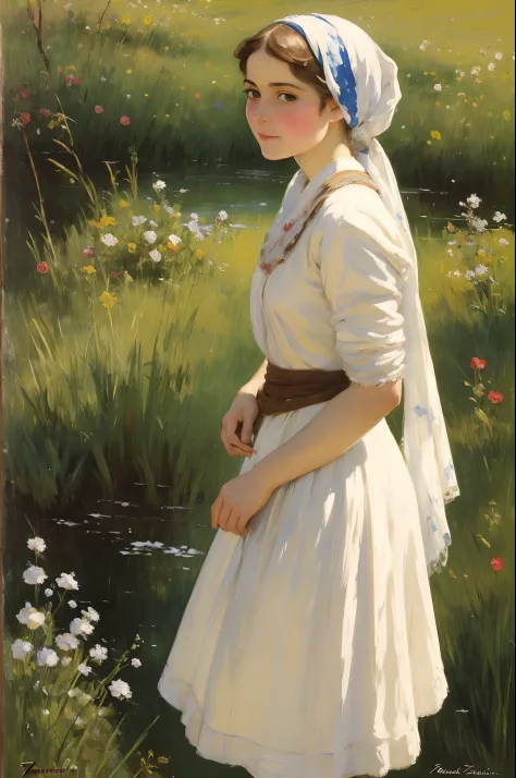 1Girl in a headscarf, (painter Anders-Zorn), Alpine nature, ((Best Quality, tmasterpiece)), Extreme detailing, 8K