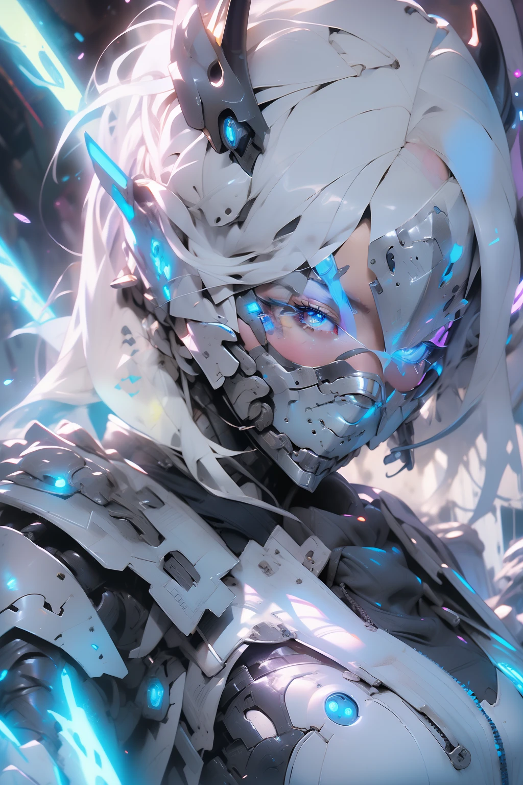 (Masterpiece), (Best quality), 1girll, Cyborg girl, Female warrior battlefield, Portrait, Close-up shot, (Blue glowing eyes), Cyborg armor, White armor，liuyifei