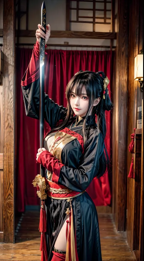 Female ninja，Gold eye patch，red color Hanfu，Wire elbow sheath，Dance with the glittering sword，Jump status，ultra hd photo。
