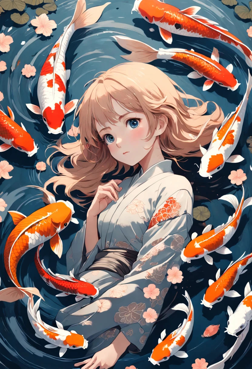 A graceful depiction of a young girl surrounded by a swirling flock of  mesmerizing koi fish, (lots of koi fishes),resembling an elegant and serene  Japanese ink painting. - SeaArt AI