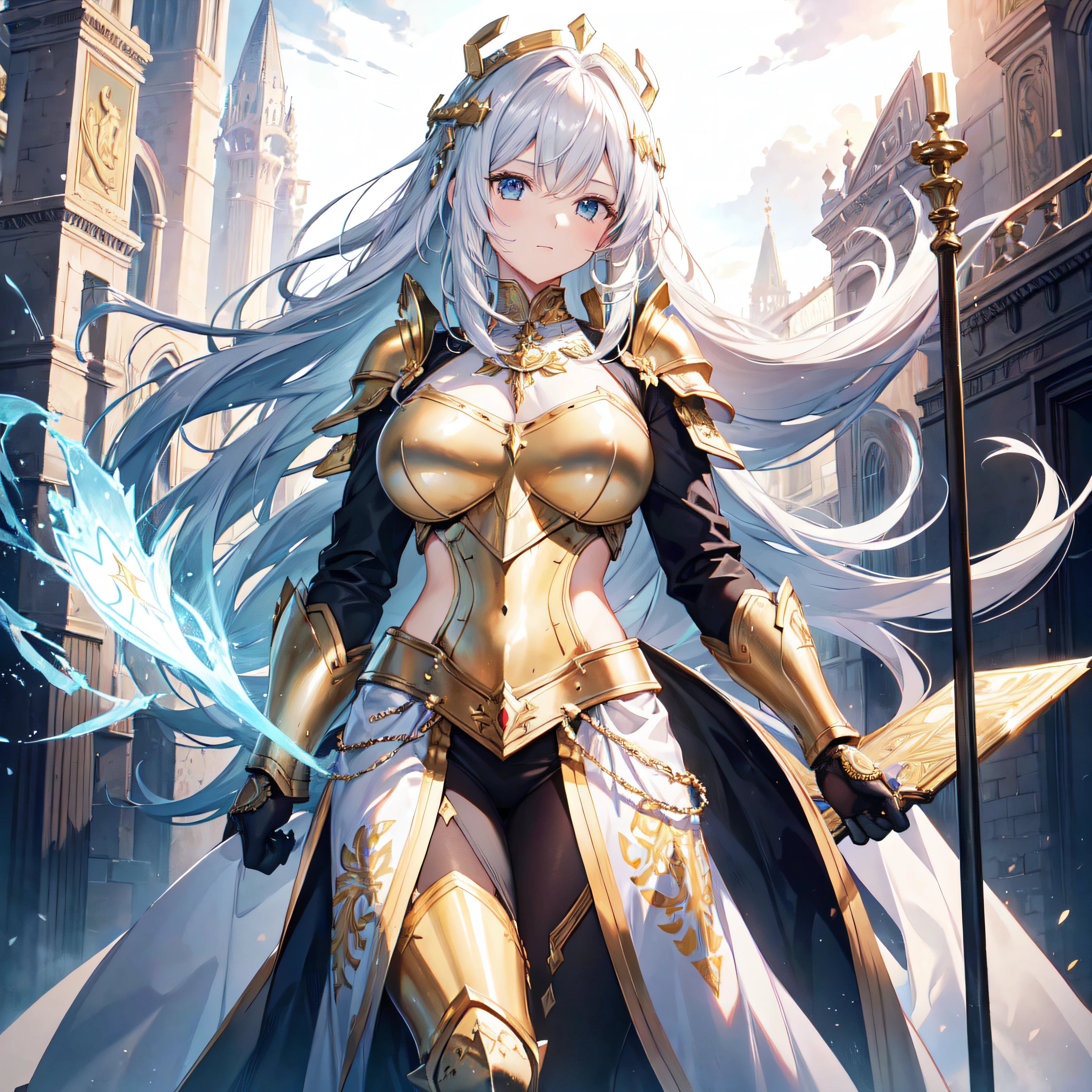 a woman wearing the armor of god, in the style of silver and gold, Christian iconography, finely detailed, hyper realistic, spectacular backdrops