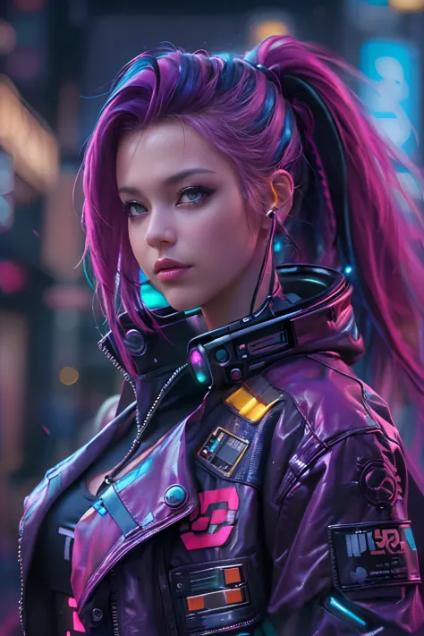 (Photorealistic:1.4) image of a cyber punk girl, (top-quality, 8K, 32K, masterpiece), (dynamic pose), ((facing camera)), (looking at camera), cowboy shot, shapeless hair, colorful hair, colorful cyberpunk clothing, depth of field f/1.8, cyberpunk city back...