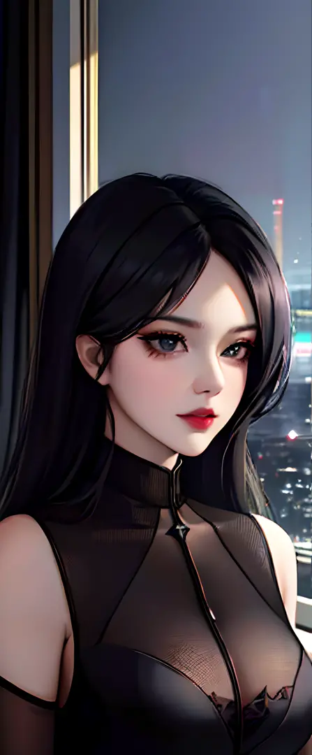 There was a woman in a black dress sitting on the windowsill, noire moody scene, wearing a strict business suit, wearing a black noble suit, Surrealism female students, Surrealism female students, seductive anime girls, 2b, 2 b, wearing a strict business s...