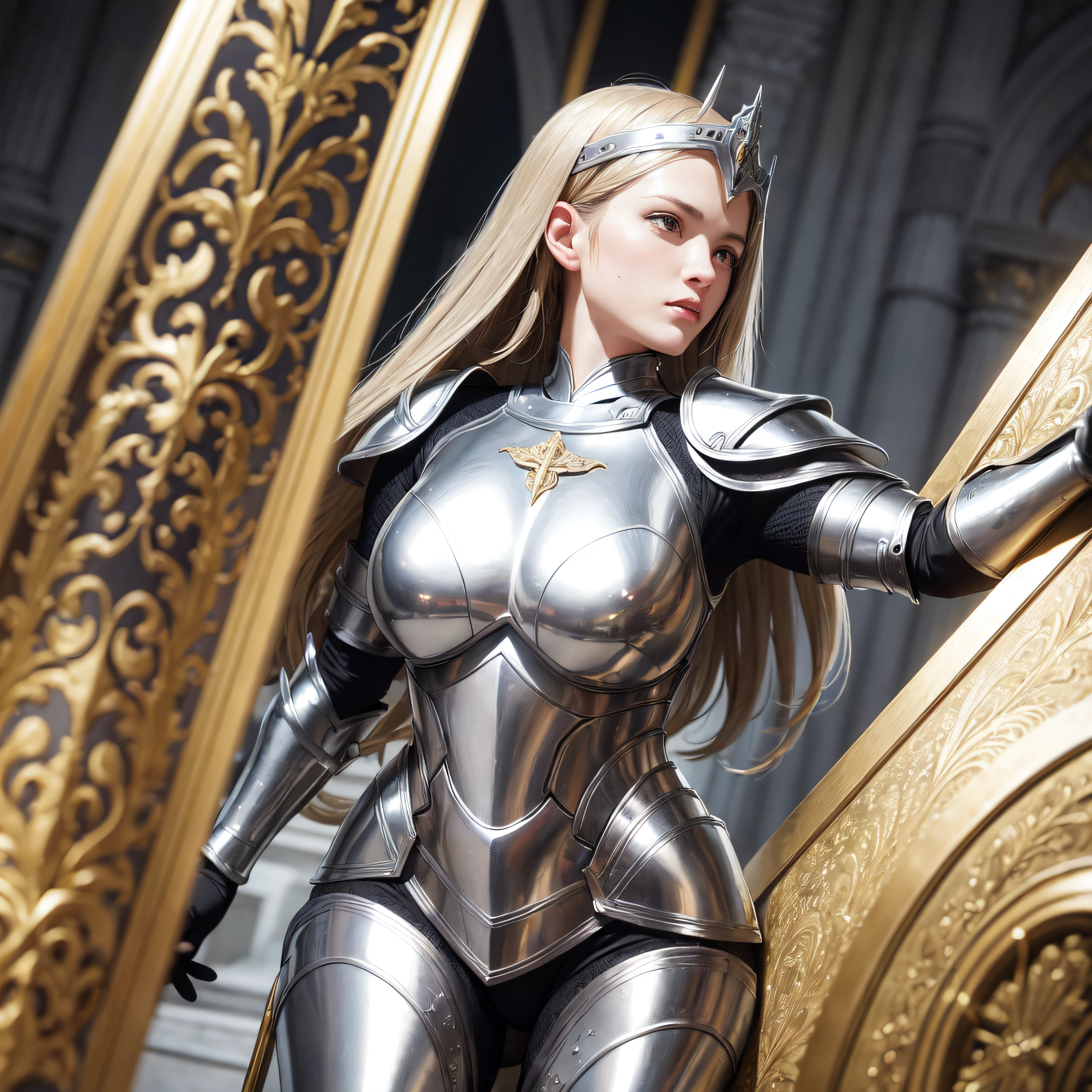 a woman wearing the armor of god, in the style of silver and gold, Christian iconography, finely detailed, hyper realistic, spectacular backdrops
