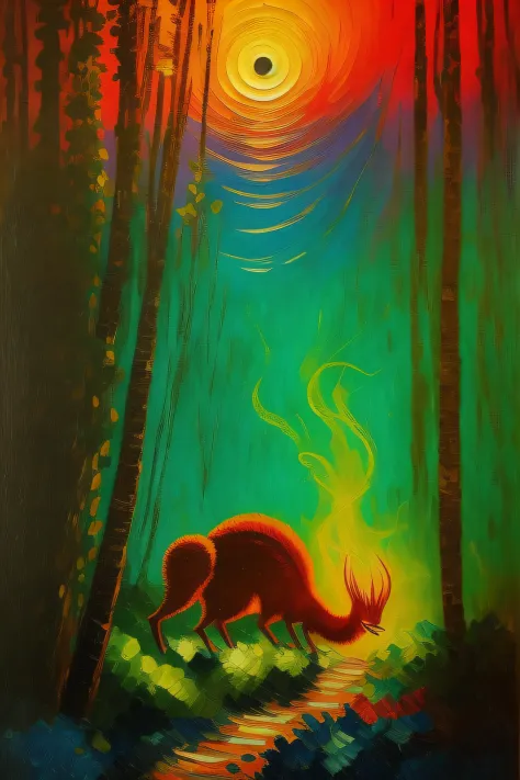 an oil painting of a mysterious Amazonian animal, glowing with neon hues in the twilight, reminiscent of the works of Vincent van Gogh. The scene is a blend of surreal colors, and the creature's glow contrasts with the darkening surroundings. Cool color te...