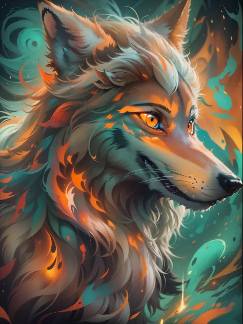 Wolf , caricature, cartoonish illustration, long exposure, masterpiece, focus, colorful dynamic background, detailed, rich colors, --s 750