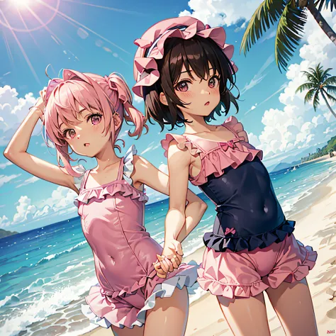 ((Loli pink swimsuit with ruffles)\Beach for 2 people)