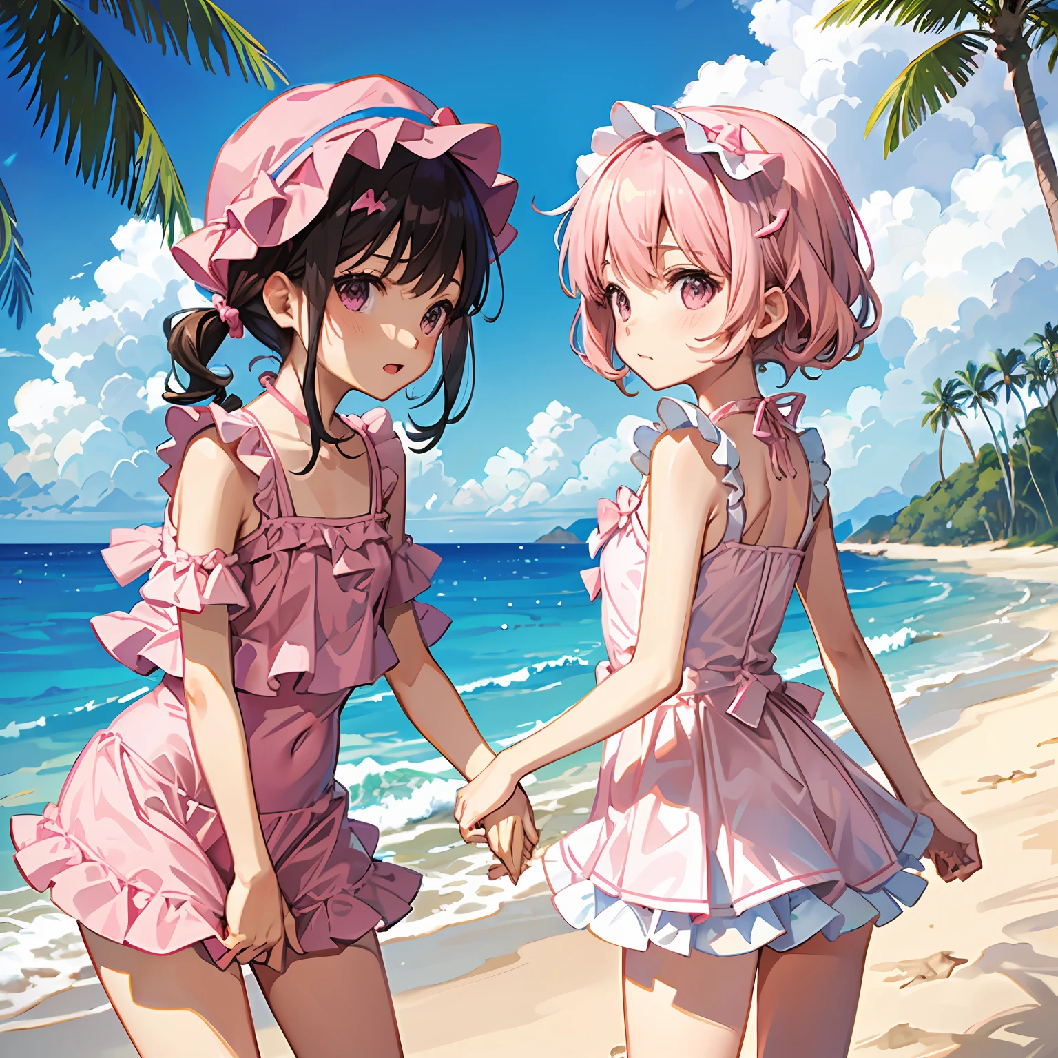 ((لولي ملابس السباحة الوردية مع الكشكشة)\الشاطئ لشخصين)