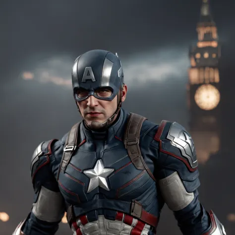 Full body photo of Captain America in black and silver armor style suit, sin mascarilla puesta, capa negra, looking at center camera, perfect composition, beautiful detailed intricate insanely detailed octane render trending on artstation, 8 k artistic pho...