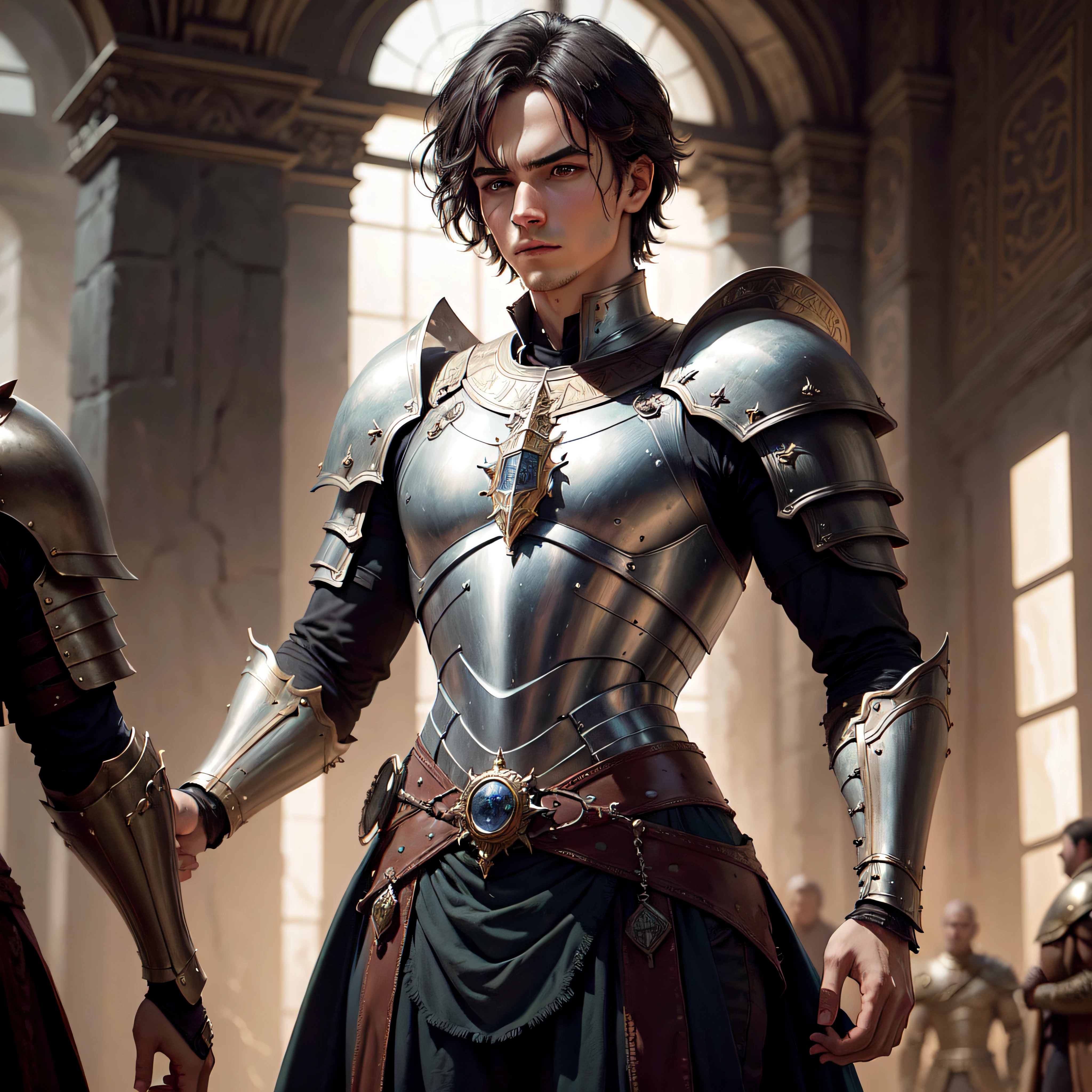 a close-up portrait of a young man in thin armor, standing in front of a group of  dark ancient palace, dribble, antipodeans, industrial light and magic style, movie still, pre-raphaelite, hyper-detailed, cinematic, intricate