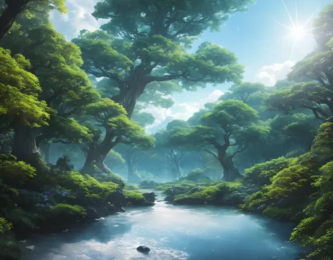Illustration of a hyperrealistic , otherworldly, ultrasky scene featuring a giant crystal tree full body,very detailed and magical lighting, intricate forest details, vegetation and river around, solarpunk ,landscape, giant tree, beatifull leafy with beaut...