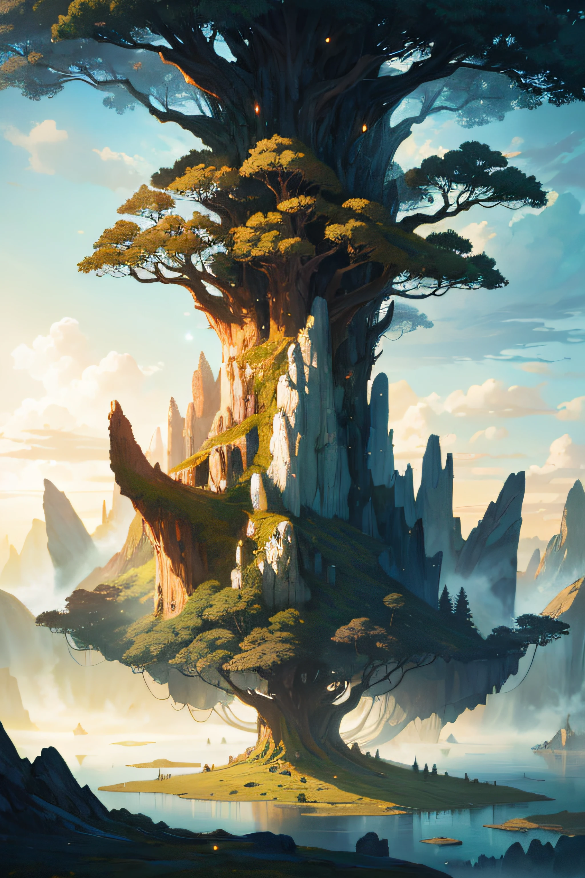 Un paisaje místico y épico, Con un mundo fantástico y surrealista de islas flotantes., árboles gigantes, y criaturas míticas, que transportan al espectador a un mundo de imaginación y asombro, Estación de arte, arte digital, Intrincado, tendencias, colores brillantes,4k