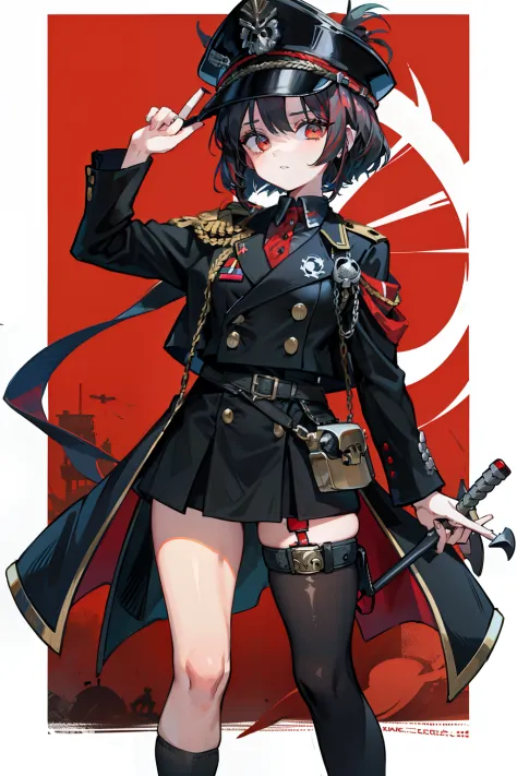 uma mulher com um cabelo longo preto, wearing a black and red military uniform wearing a military cap with skulls on the brazao