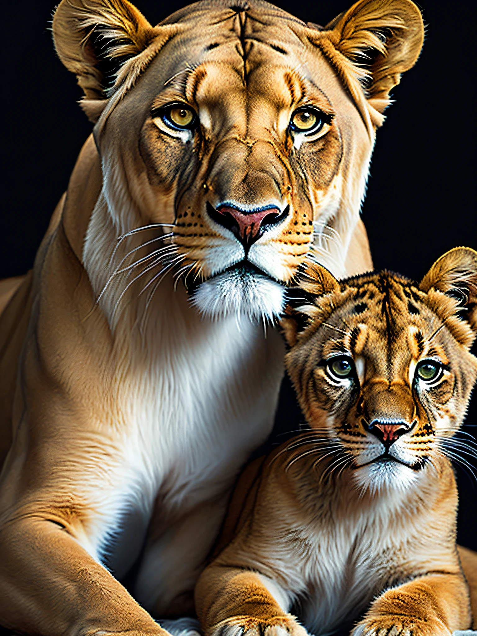 母狮和她的幼崽, 丰富多彩的, 08k, 摄影, 美丽的, 黑色背景, 杰作, 顶级品质, 最好的质量, 官方艺术, 美丽的 and aesthetic, 实际的, 纹身风格