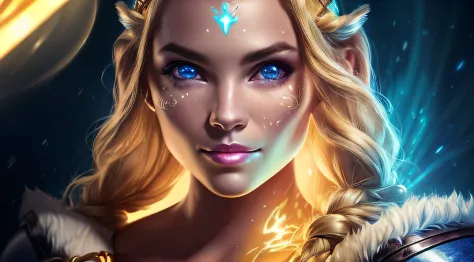 solo female viking, with wolf pet, glow, seductive, glowing blue eyes, fire, platinum blonde, (blonde:1.1), sexy, small chest, s...