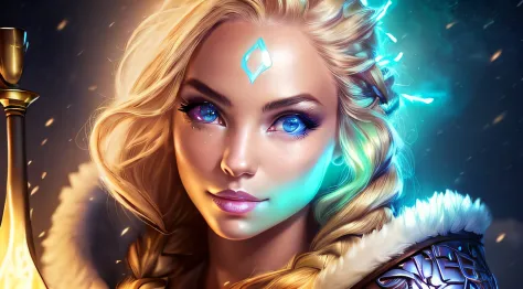 solo female viking, with wolf pet, glow, seductive, glowing blue eyes, fire, platinum blonde, (blonde:1.1), sexy, small chest, s...