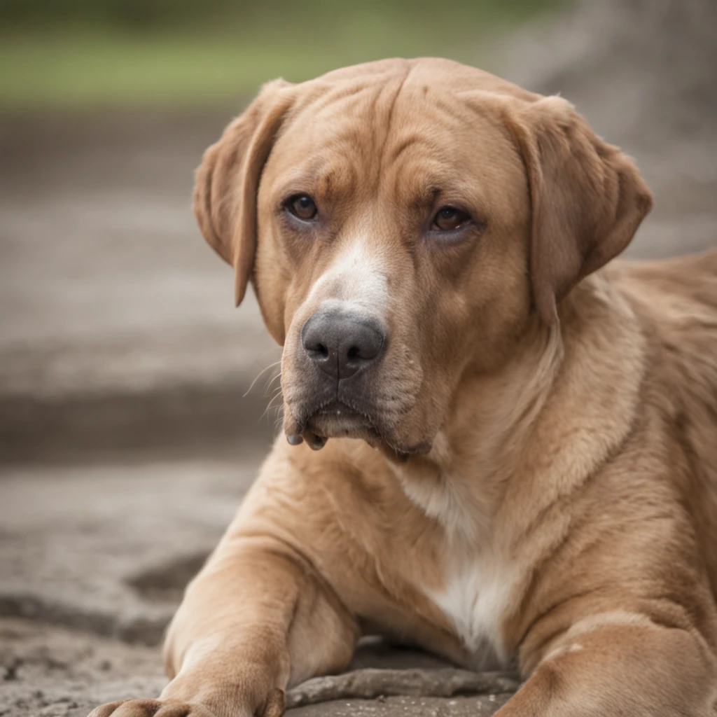 There is a brown dog laying on the ground with his head turned - SeaArt AI