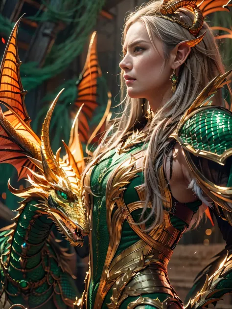 A beautiful elf with a emerald dragon, ((girl wearing golden armor)), perfect facial features, delicate face, long hair, gracefu...