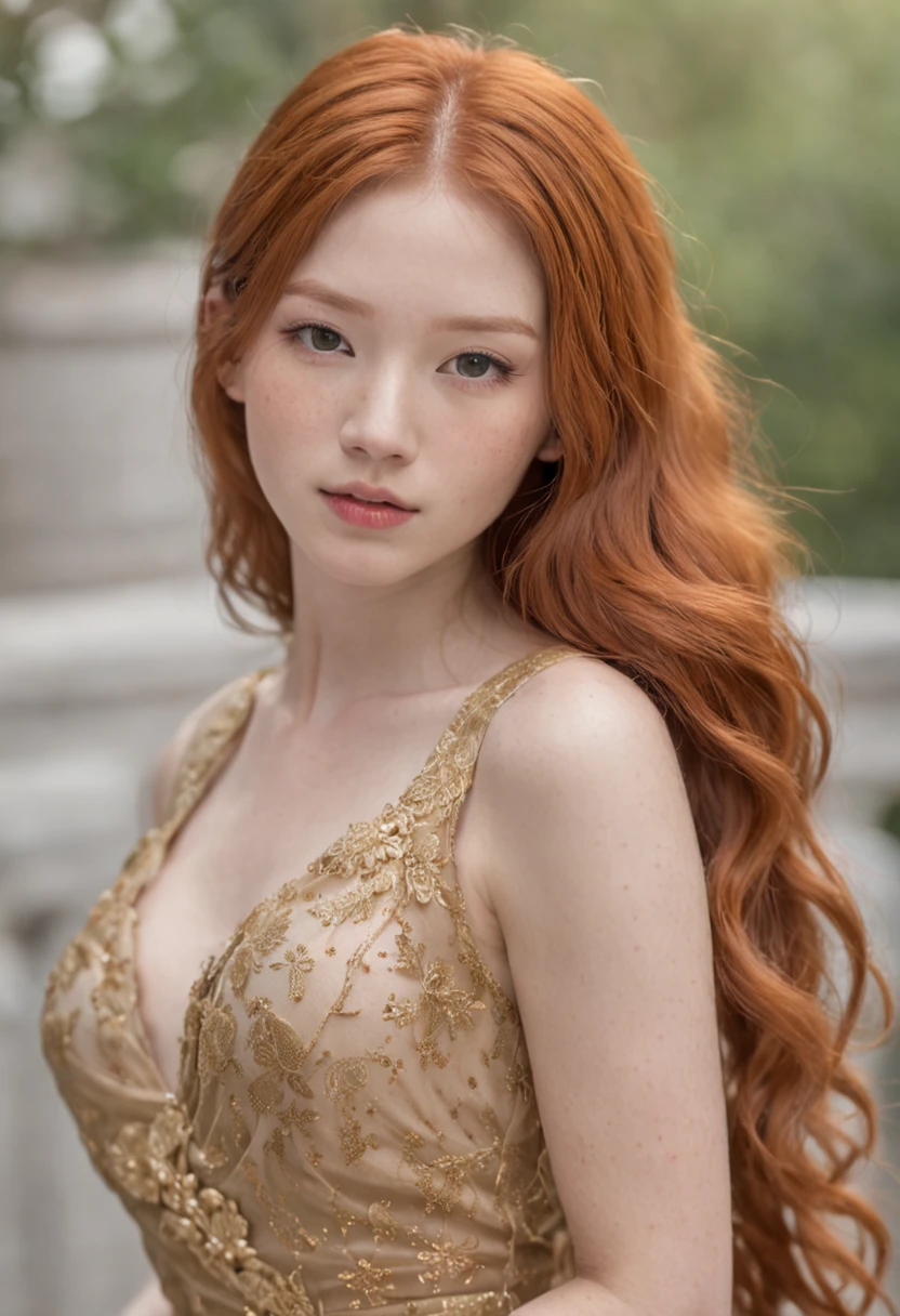 A woman with long red hair wearing a gold dress - SeaArt AI