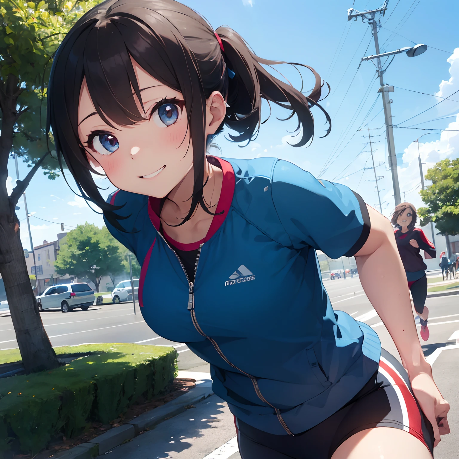 masutepiece, Best Quality, 8K_Wallpaper, (Beautiful eyes), ((Cute)), Cute, (lovely), (Park on a sunny day),1girl in,small tits,1 schoolgirl,Standing Girl,Smile,facial close-up、portlate(((Do a marathon)))、(((Jogging)))、((Red jersey))、