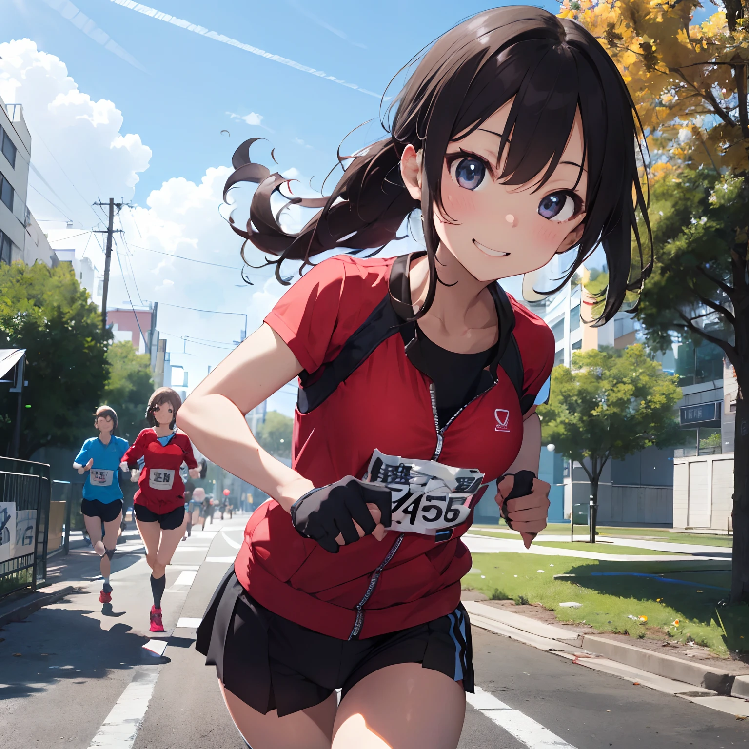 masutepiece, Best Quality, 8K_Wallpaper, (Beautiful eyes), ((Cute)), Cute, (lovely), (Park on a sunny day),1girl in,,1 ,Standing Girl,Smile,facial close-up、portlate(((Do a marathon)))、(((Jogging)))、((Red jersey))、