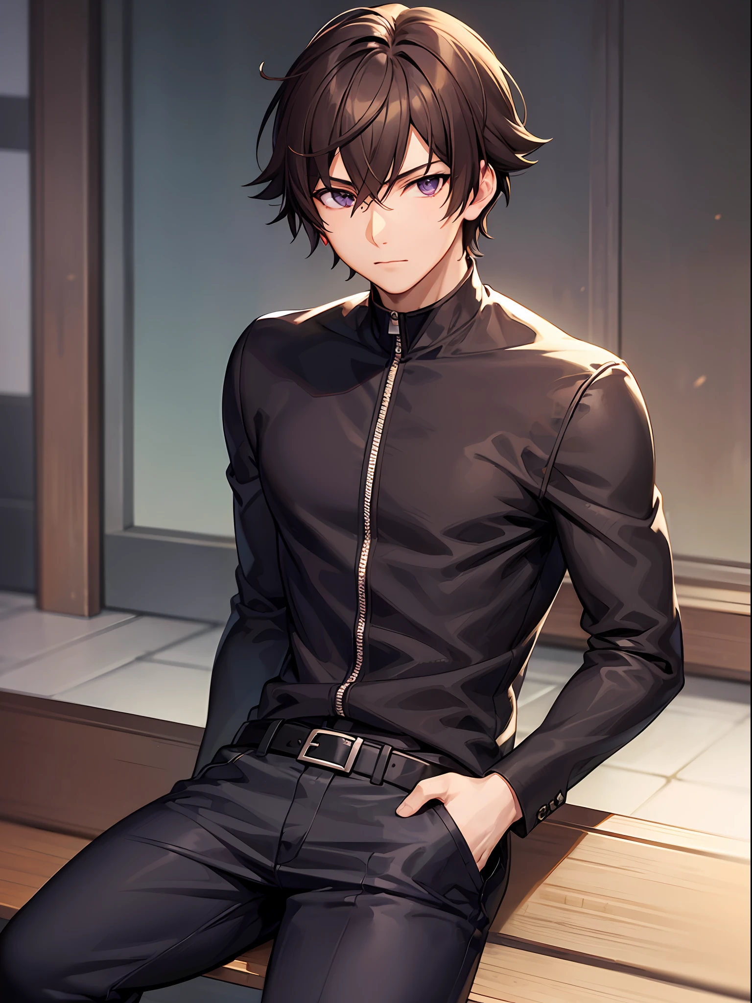 Anime guy in black shirt and black pants sitting on a ledge - SeaArt AI