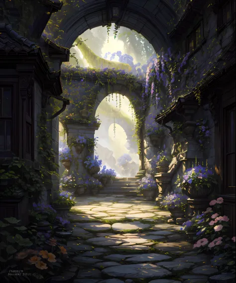 there is a painting of a garden with flowers and a stone path, andreas rocha style, the style of andreas rocha, unreal engine fantasy art, by Arthur Pan, inspired by Andreas Rocha, floral environment, andreas rocha and john howe, fantasy painterly style, b...