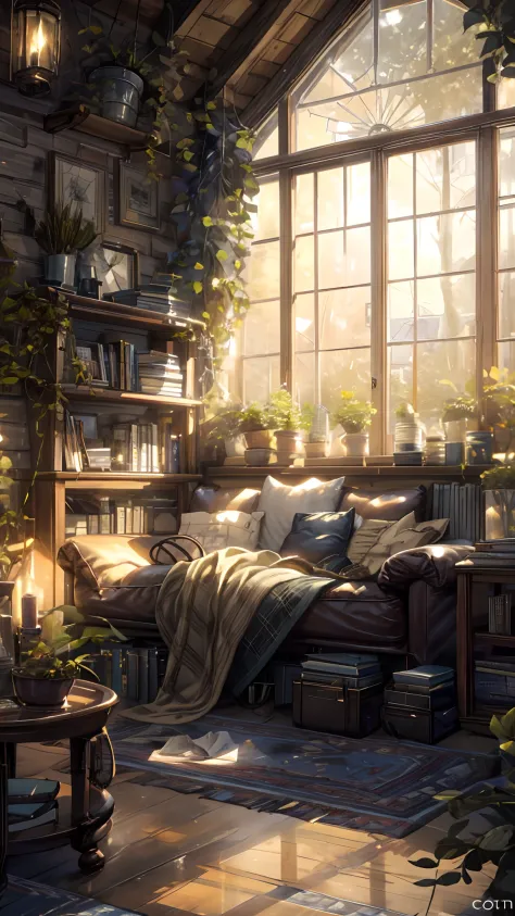 a picture taken from a window of a room with a couch and a book shelf, cozy place, relaxing environment, relaxing concept art, c...
